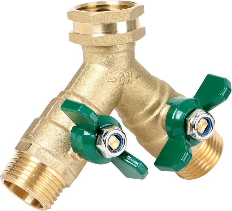 STYDDI Garden Hose Splitter Full Flow, Brass Heavy Duty Hose Splitter 2-Way High Flow, All Metal Hose Y Splitter with Shutoff, Outdoor Faucet Splitter Hose Connector, Water Hose Y Valve Tap Adapter - Image 1